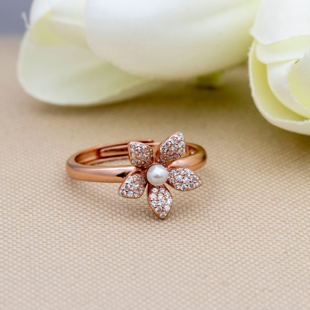 Opulent Floral Halo Rose Gold Plated Silver Ring