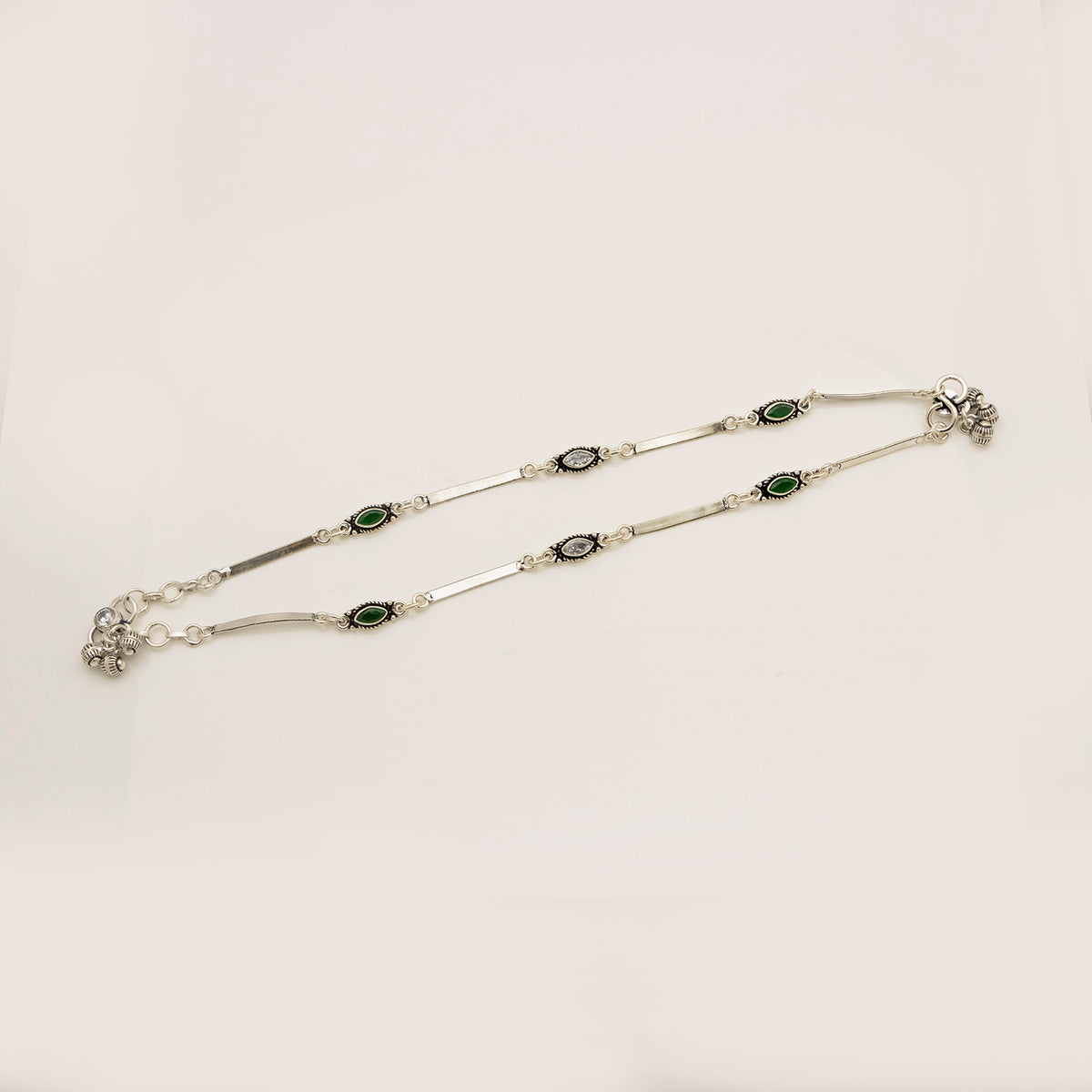 Green and White Cut stone Anklet Pair