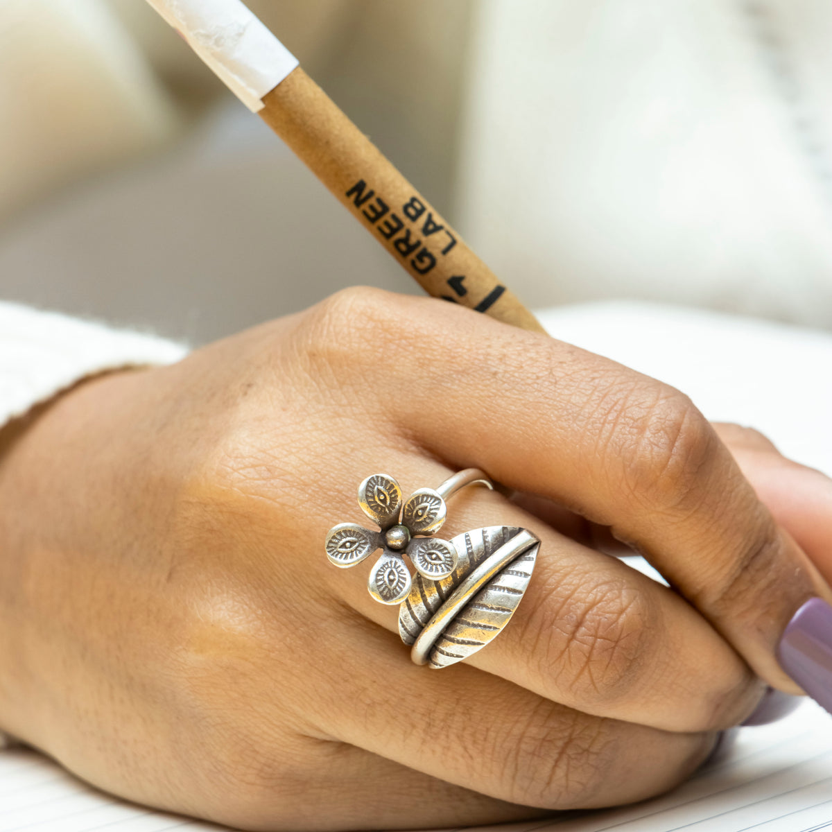 Intricate Blossom Oxidised Ring